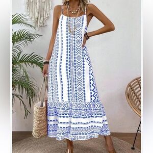 Vacation Ready Blue and White Spaghetti Strap Sundress